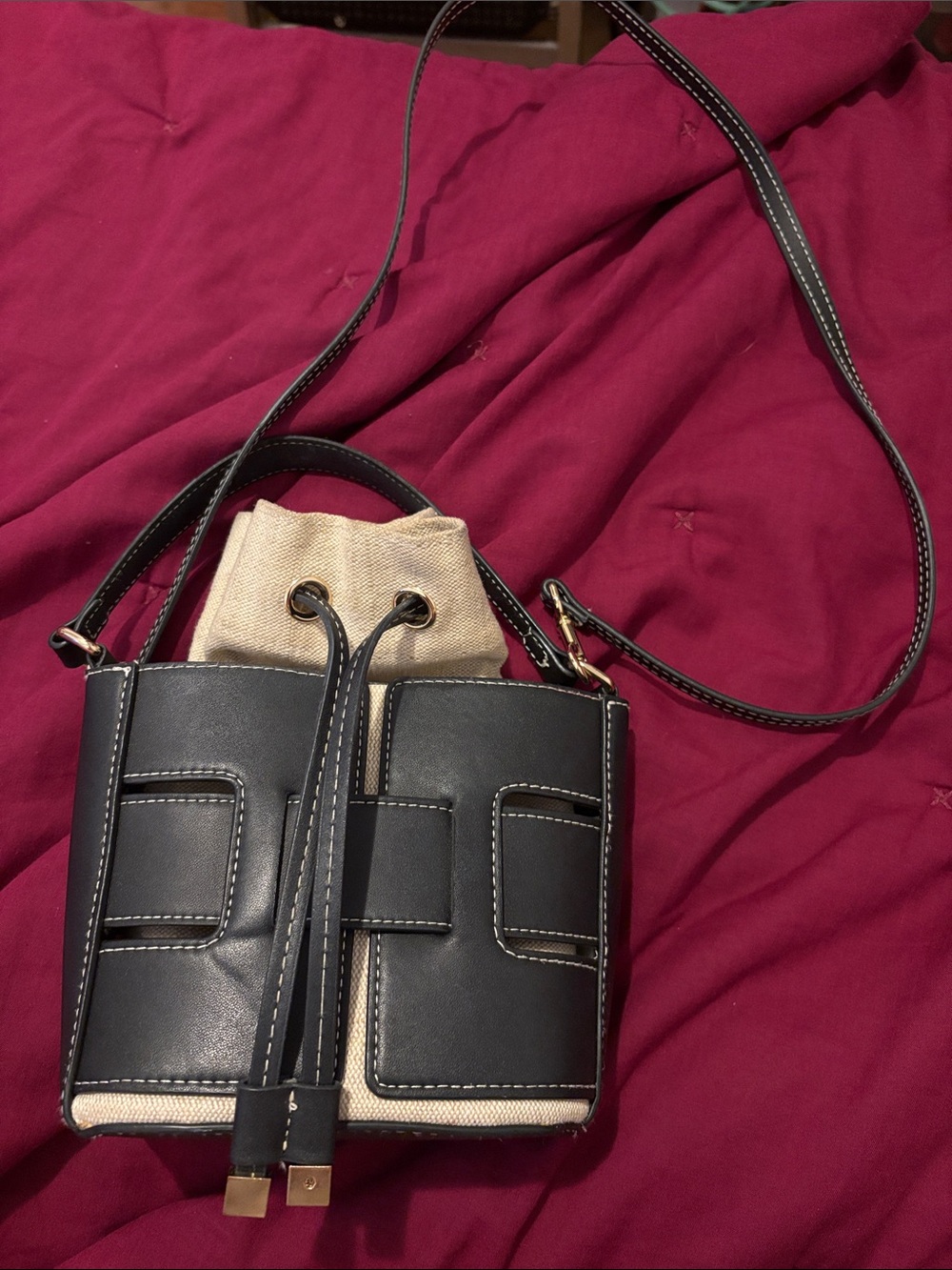 Black and Cream Drawstring Crossbody Bag